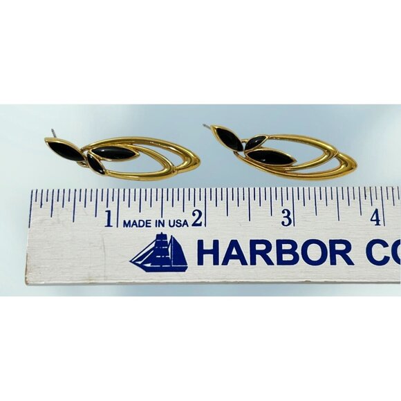 Vintage Jewelry Trifari Earrings Gold Plated Black Enamel Pierced Approx 2" Long - Picture 3 of 5